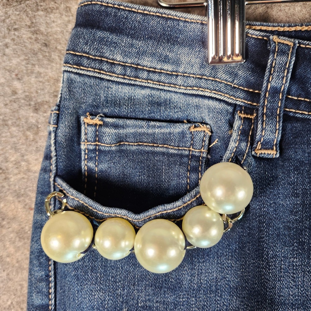 Bebe Womens Blue Distressed Denim Jeans Pearl Embellished Pockets Size 30 - Picture 4 of 16